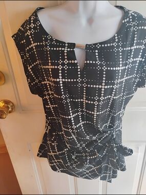 New York & Company Black and White Dot Grid Peplum Top